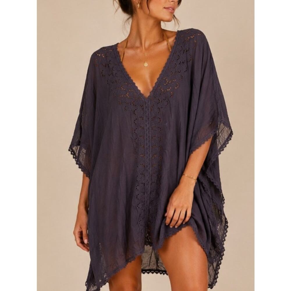 Melissa Odabash Cindy Embroidered Kaftan One Size Gray Resort Beach Cover Up